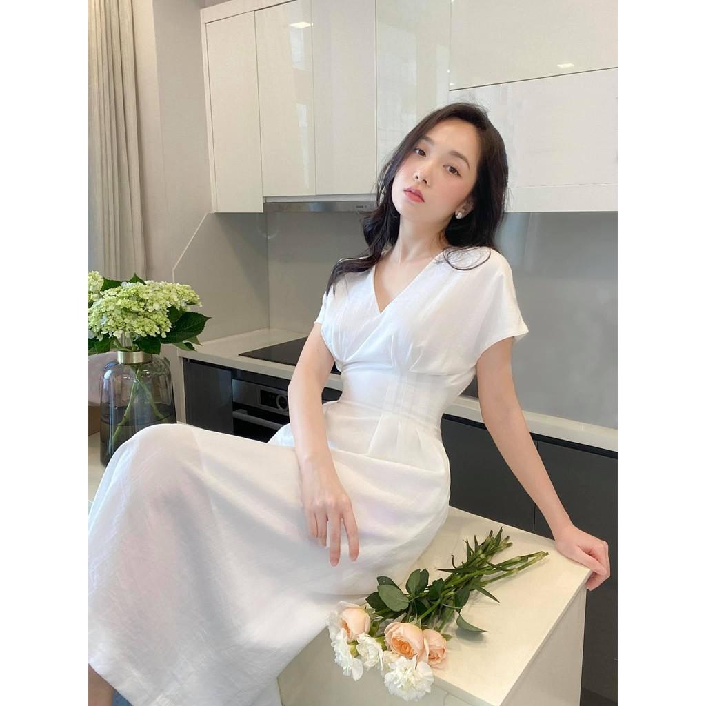 Đầm Midi Cổ Xẻ Chiết Eo Chất Liệu Linen Premium Màu Trắng CO EM Thiết Kế Thanh Lịch Nữ Tính Phù Hợp Công Sở Đi Tiệc