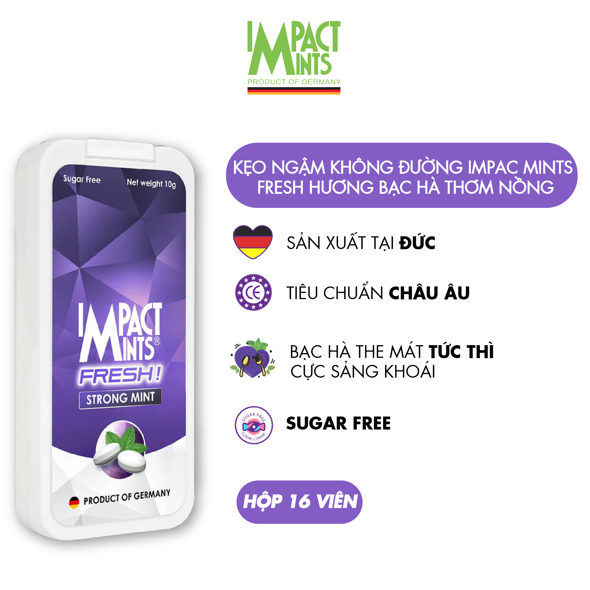 Combo 6 Kẹo Không Đường Bạc Hà IMPACT MINTS FRESH 10g (Tặng kèm 6 gói khăn giấy tempo)