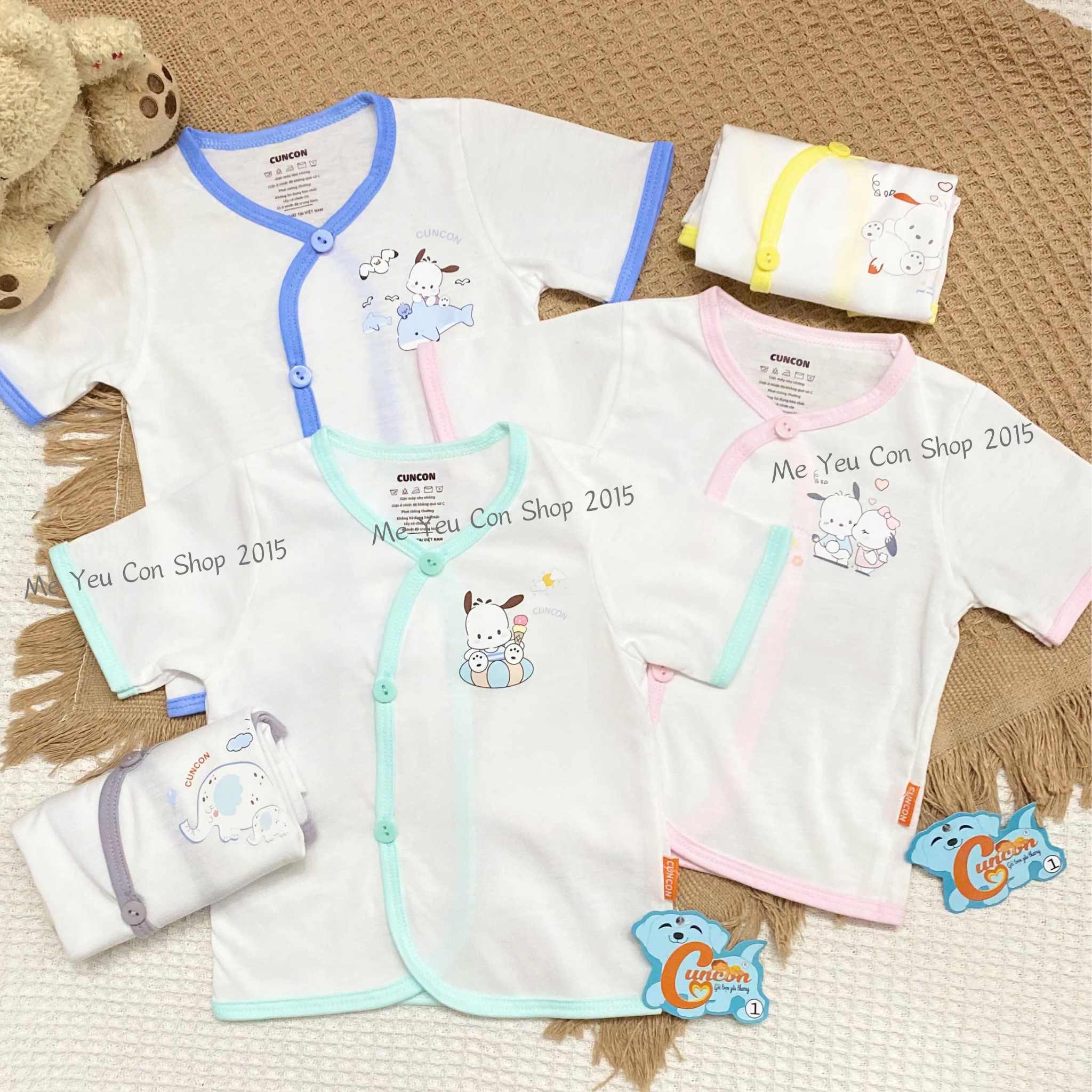 ( 3-9kg) ÁO CÀI XÉO TAY NGẮN TRẮNG VIỀN CHO BÉ - CÚN CON