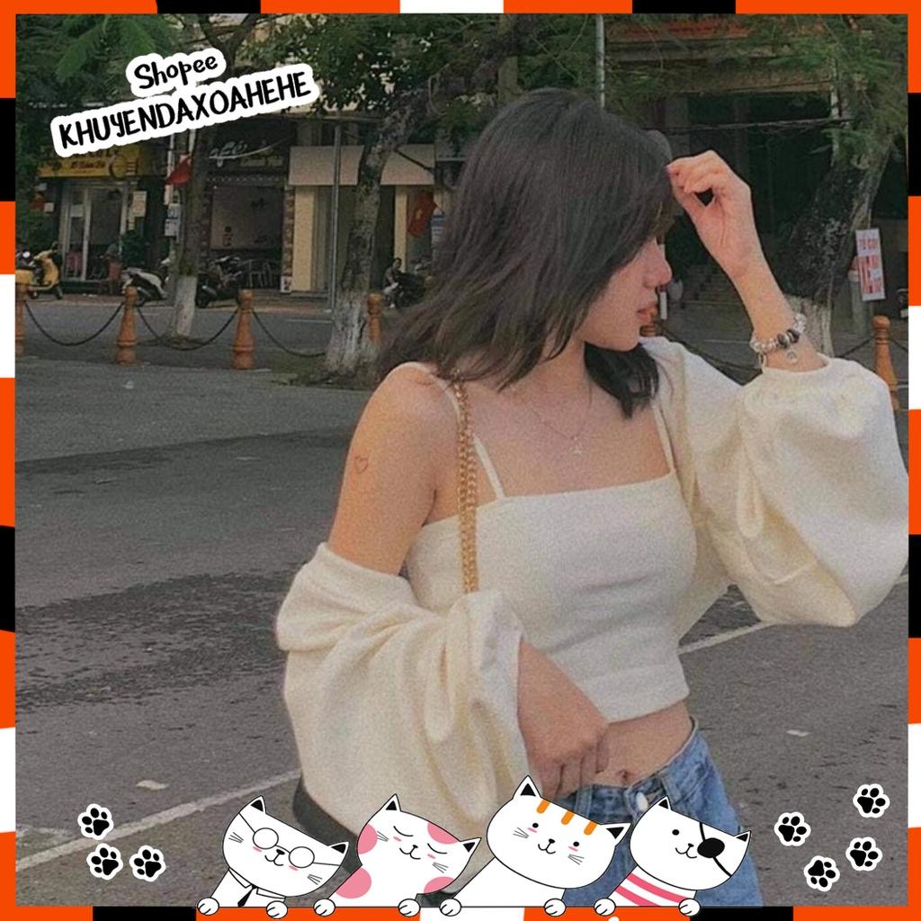 SA002 Set áo cardigan khoác mỏng, tay bo phồng và áo hai dây croptop ôm body sexy phong cách bánh bèo tiểu thư cute