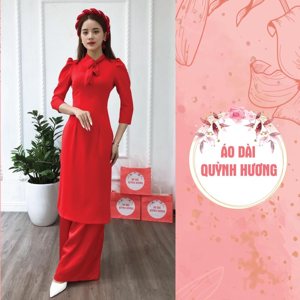 Áo dài lụa đỏ cách tân buộc nơ, áo dài lụa mỹ 2 tà
