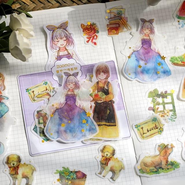 Gói 50 stickers cô gái xinh xắn có nhũ vàng