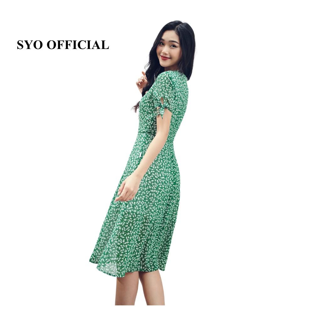 Đầm midi hoa nền xanh, tay buộc nơ SYO D3009-21