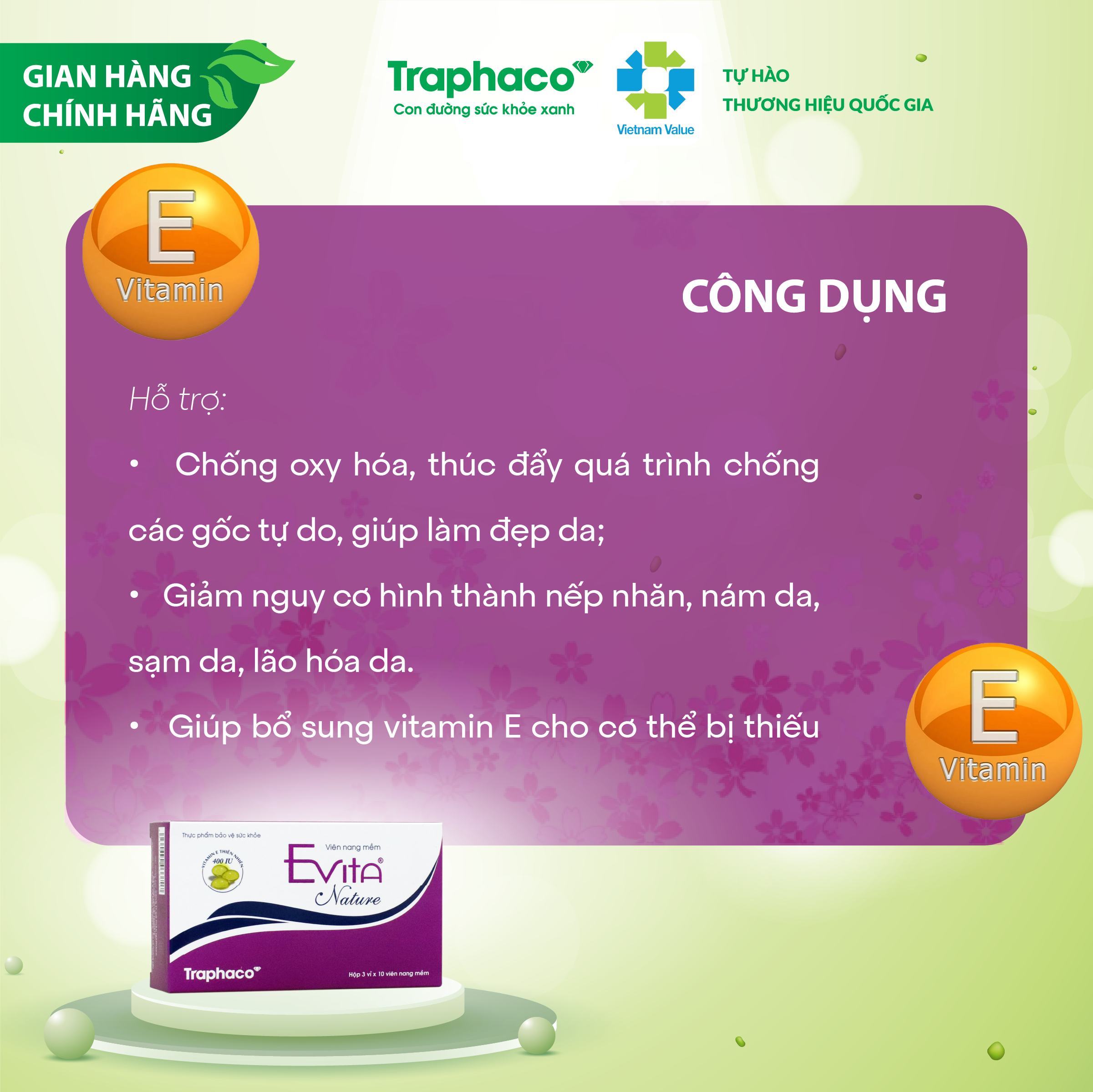 EVITA NATURE - BỔ SUNG VITAMIN E TỰ NHIÊN, CHỐNG LÃO HÓA, LÀM ĐẸP DA, GIẢM SẠM NÁM DA