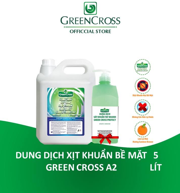 DUNG DỊCH XỊT KHUẨN MỖI NGÀY GREEN CROSS A2 - CAN 5L Tặng thêm 1 chai Sát khuẩn tay nhanh Green Cross Protect 500ml