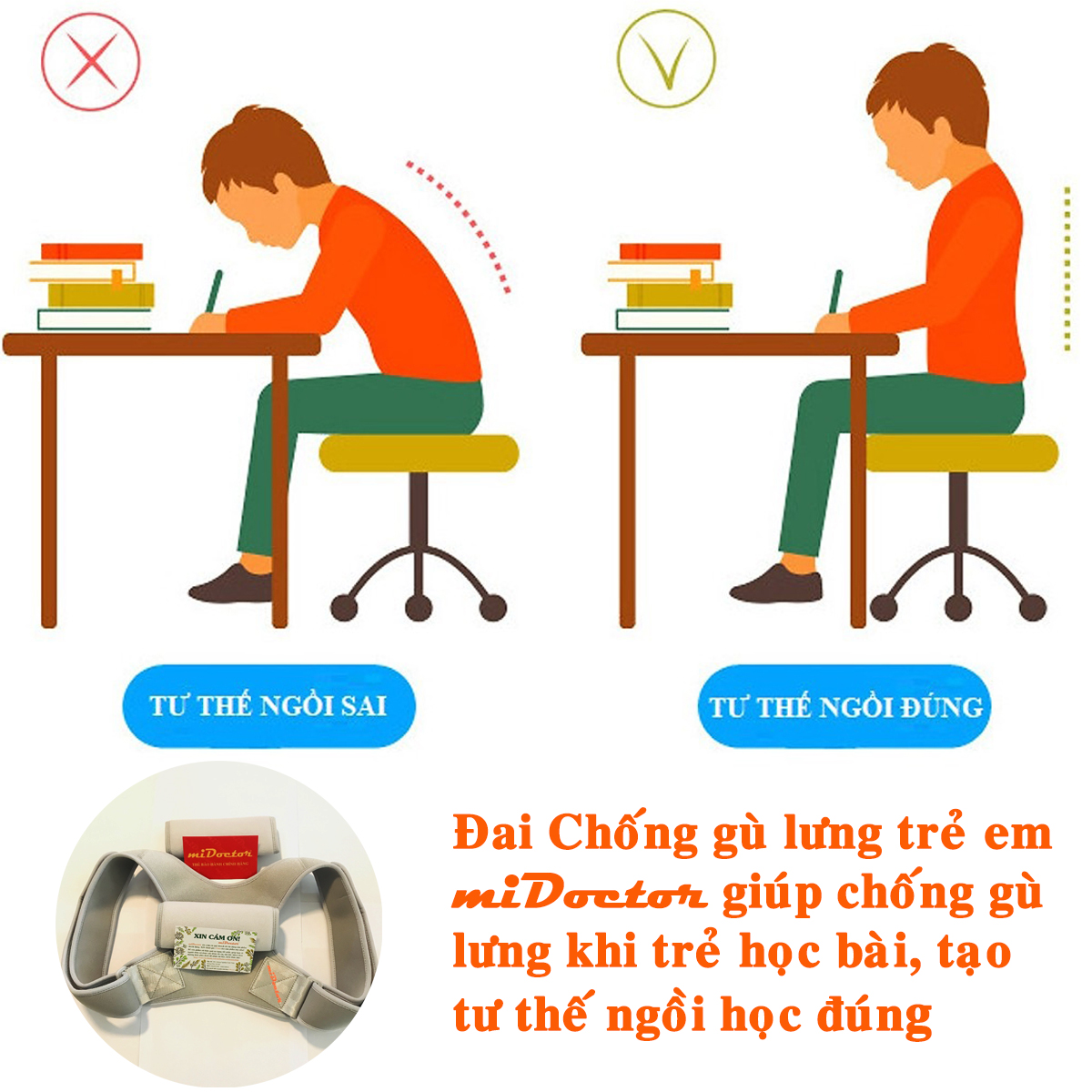 Đai Chống Gù Lưng Cho Trẻ Em Cao Cấp Chính Hãng miDoctor – Đai Lưng Chống Gù Trẻ Em (Từ 5 – 13 Tuổi) - mi03TR