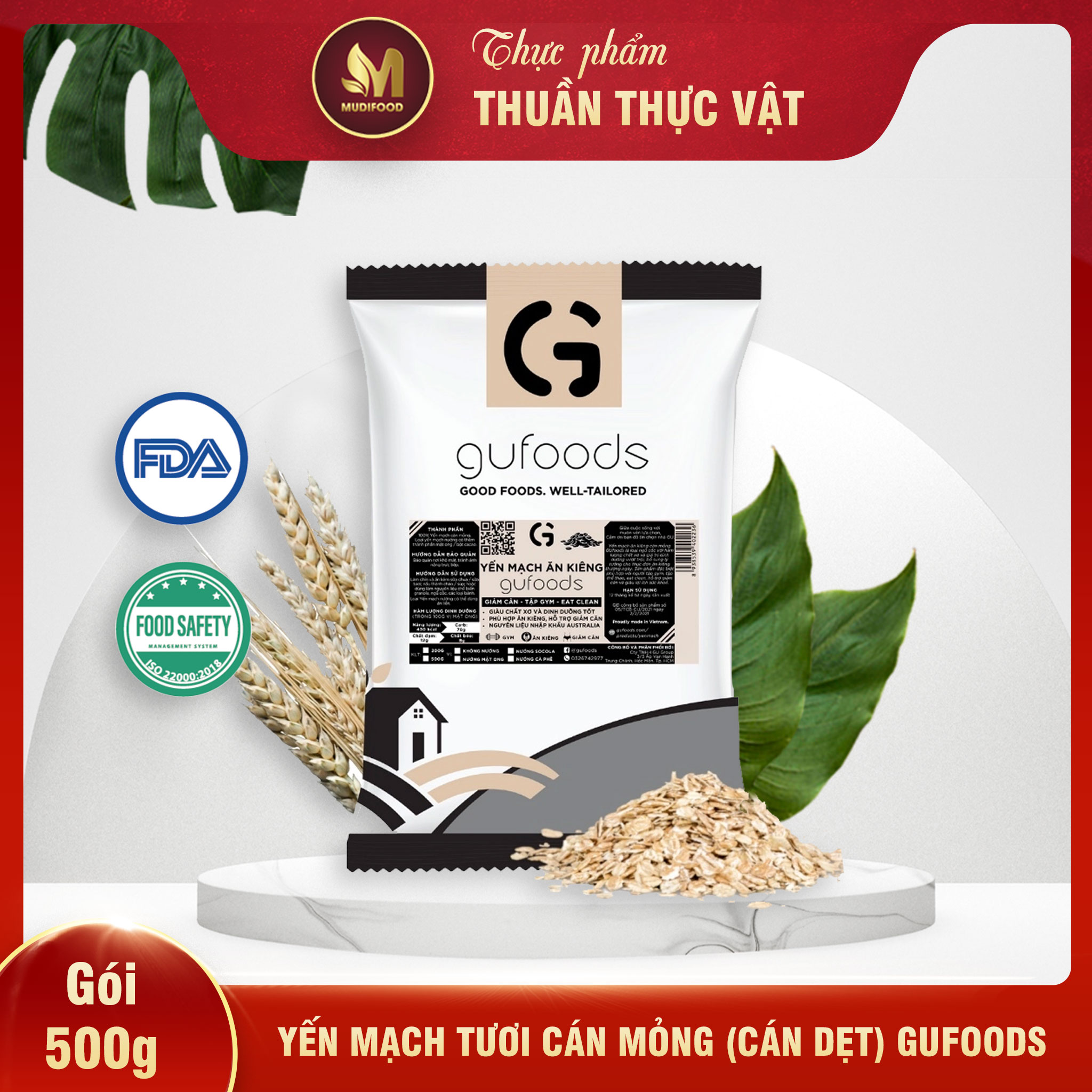 Yến Mạch Tươi Cán Mỏng  GUfoods 500g - Ăn Kiêng, Giàu Chất Xơ, Hỗ Trợ Giảm Cân, Tập Gym, Eat Clean