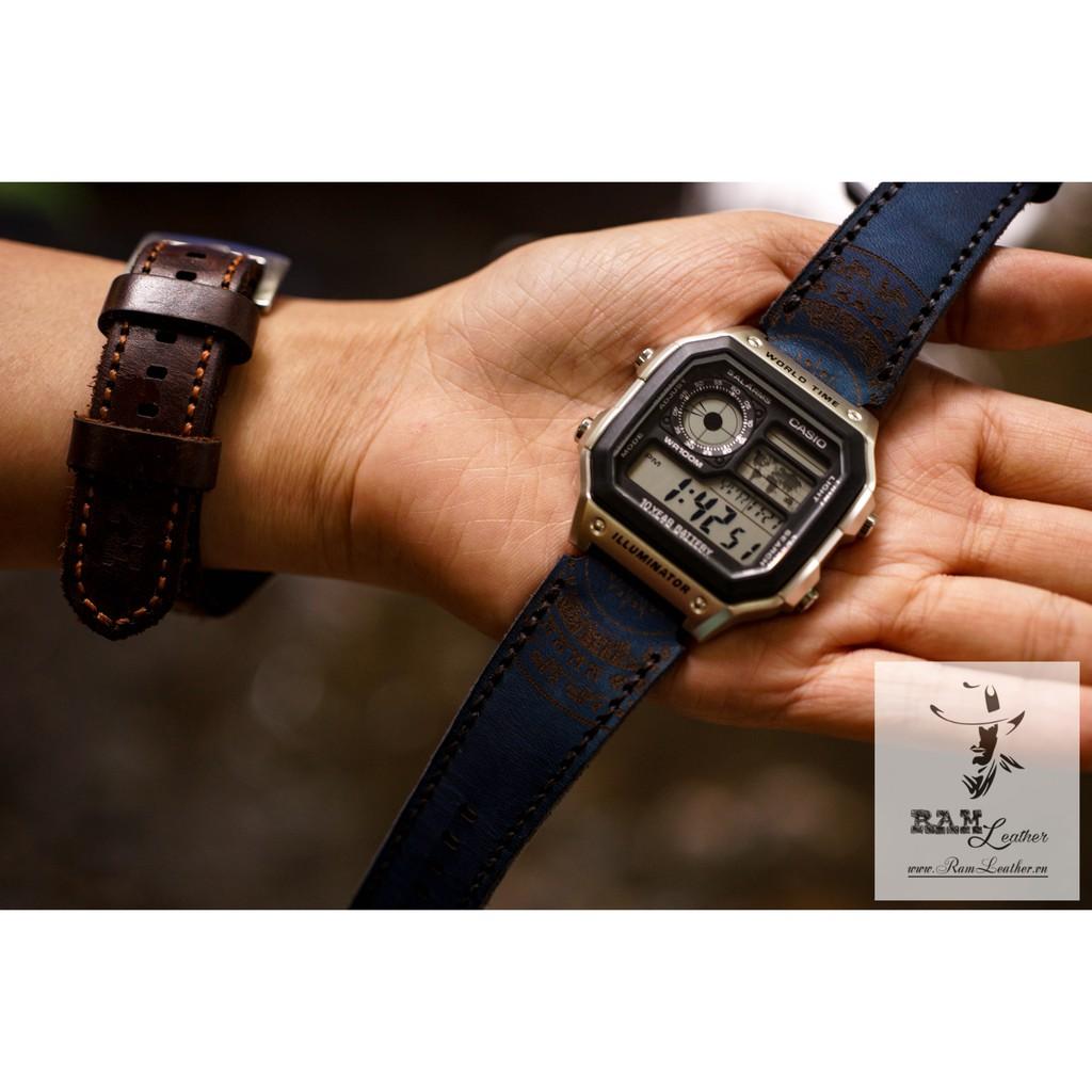 DÂY ĐỒNG HỒ CASIO AE1200/SEIKO5 DA BÒ THẬT XANH NAVY TRỐNG ĐỒNG
