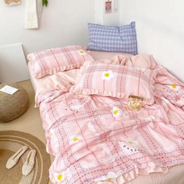 Set Cotton Đũi Hàn Quốc Hàng Nhập Khẩu Cao Cấp 4 Món Chăn Trần Liền Hoa Kẻ Hồng