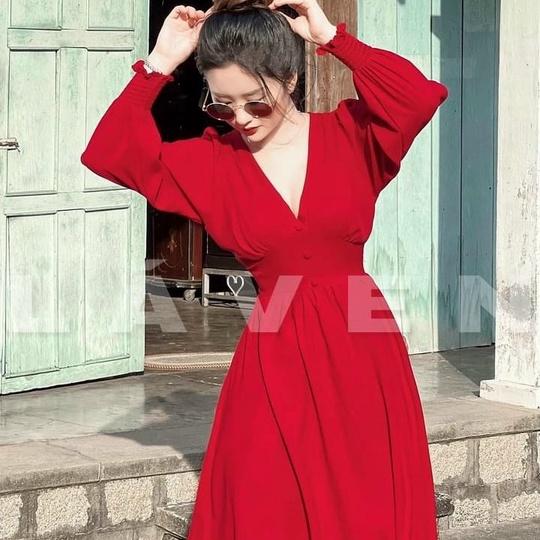Đầm maxi dáng xòe dự tiệc cổ tim hai màu trắng đỏ tiểu thư đi biển dạo phố sang chảnh thời trang váy nữ MINH PHÚC