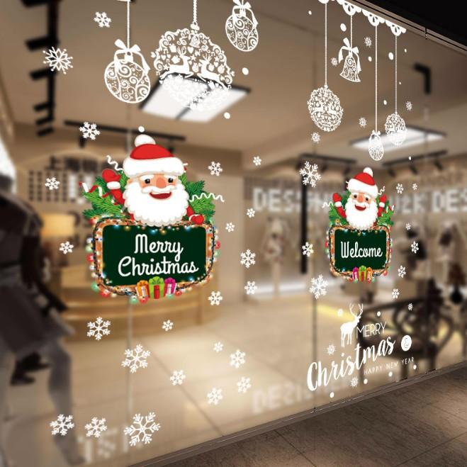 Decal trang trí noel size lớn, bộ kết hợp rèm trái châu và ông già noel vui vẻ