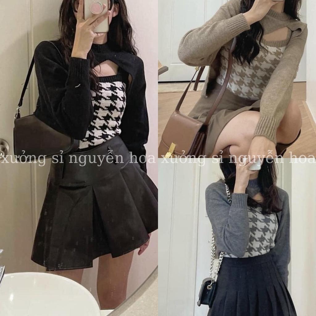 Set 2 món áo croptop len khoét kèm áo 2 dây len kẻ 3 màu đen xám be phong cách hàn quốc