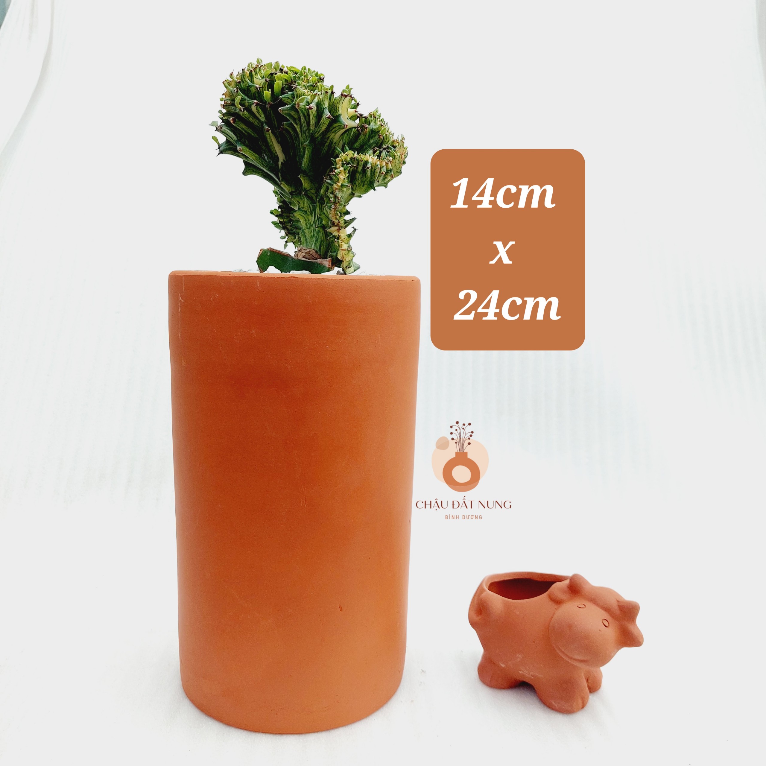 Chậu đất nung Bình Dương - Trụ cao 1424, đường kính miệng là 14cm, chiều cao là 24cm