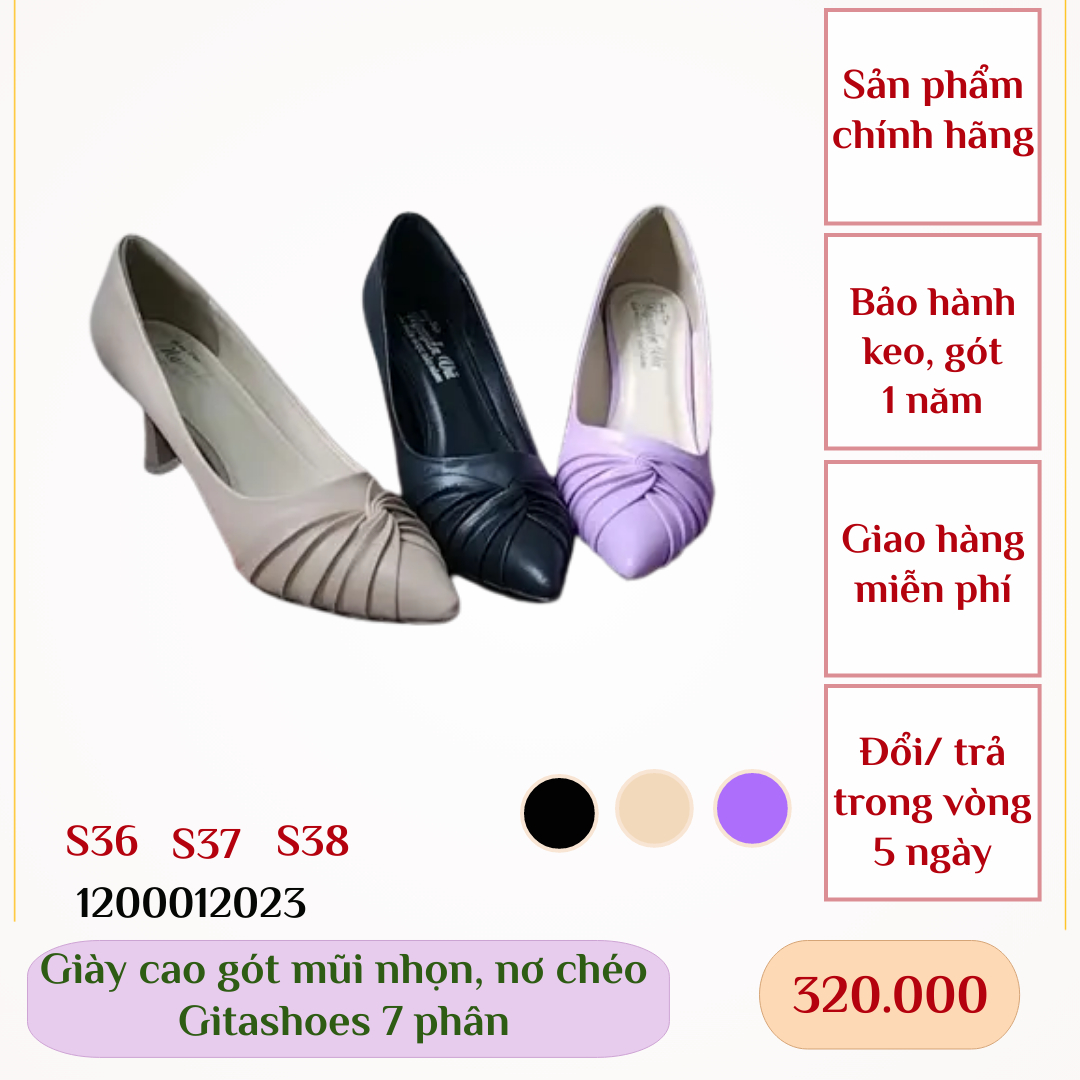 Giày cao gót gitashoes mũi nhọn, nơ chéo, cao 7 phân- 1200012023