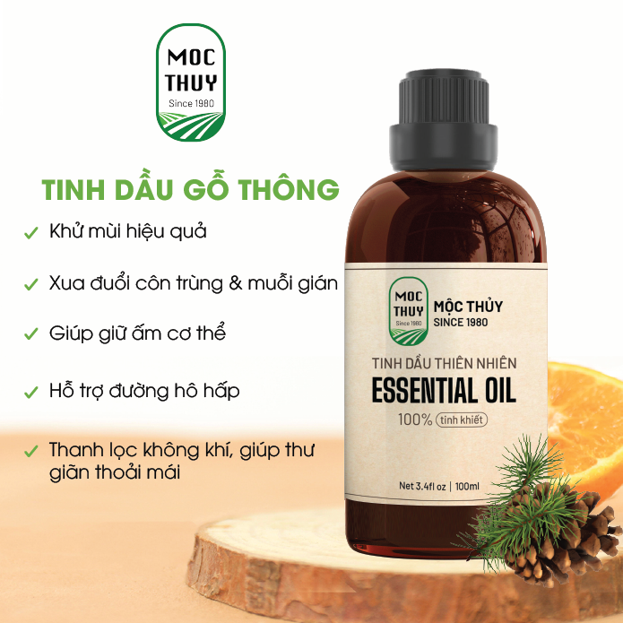 Tinh Dầu Gỗ Thông Trắng Nguyên Chất Hữu Cơ MỘC THỦY 100ML - Pine Essential Oil - Khử Mùi Xông Thơm Phòng, Thư Giãn - Đạt chuẩn chất lượng kiểm định