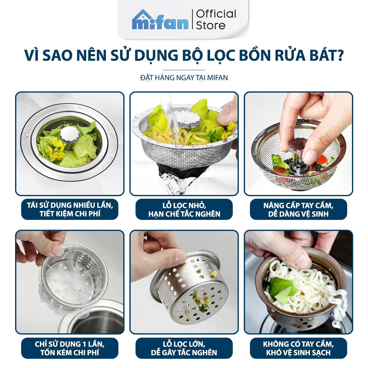 Lưới lọc rác bồn rửa chén thông minh Mifan - Thép không gỉ, nhựa ABS cao cấp - Lưới nhỏ ngăn cặn thức ăn thừa hiệu quả 