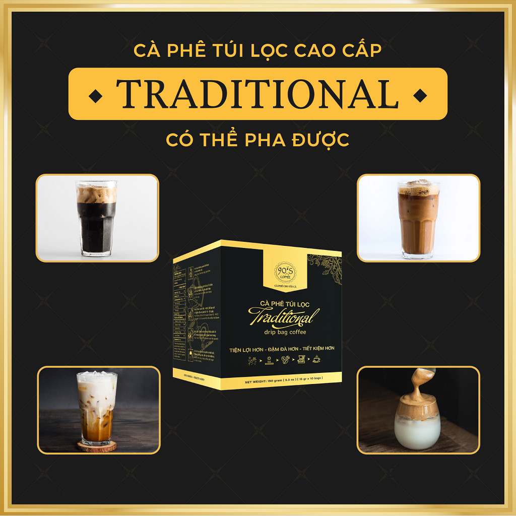 Cà Phê TRADITIONAL - 90S Coffee | Hộp 10 Gói x 15g Cà Phê phin giấy Rang Xay Nguyên Chất Cao Cấp