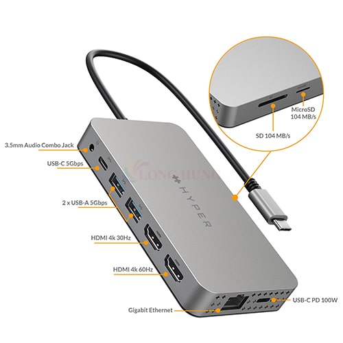 Cổng chuyển đổi HyperDrive 10-in-1 Dual HDMI USB-C Hub HDM1H - Hàng chính hãng