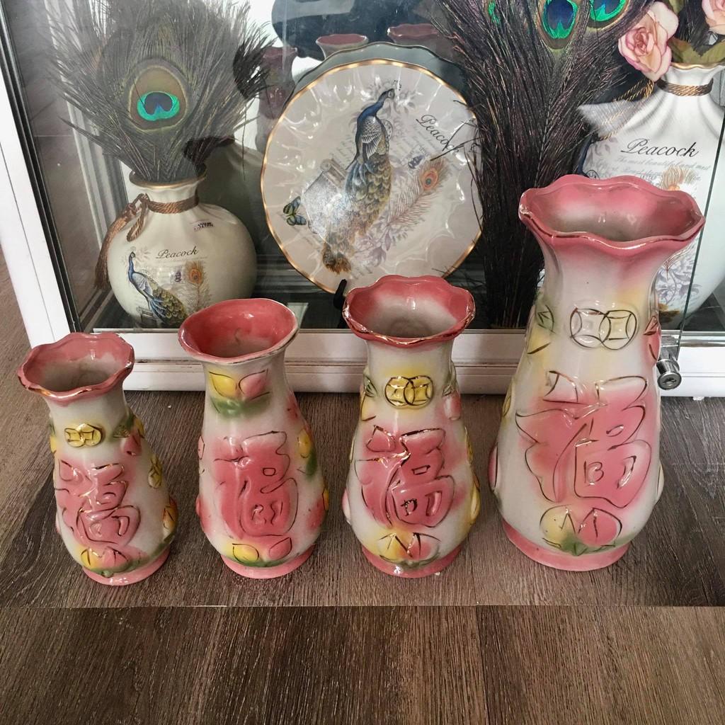 Bình hoa bàn thờ sứ Hồng Sen chữ Phúc ,bình cắm bông