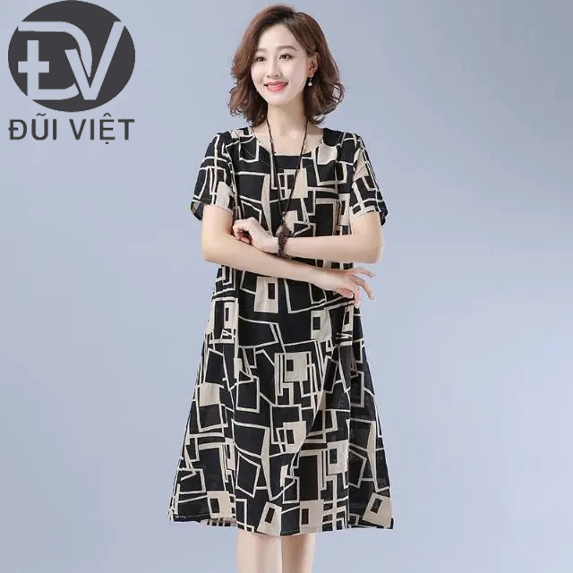 Váy Đầm Trung Niên- Đầm Linen Suông In Hoạ Tiết Tay Ngắn Chất Linen Mát Đũi Việt DV167