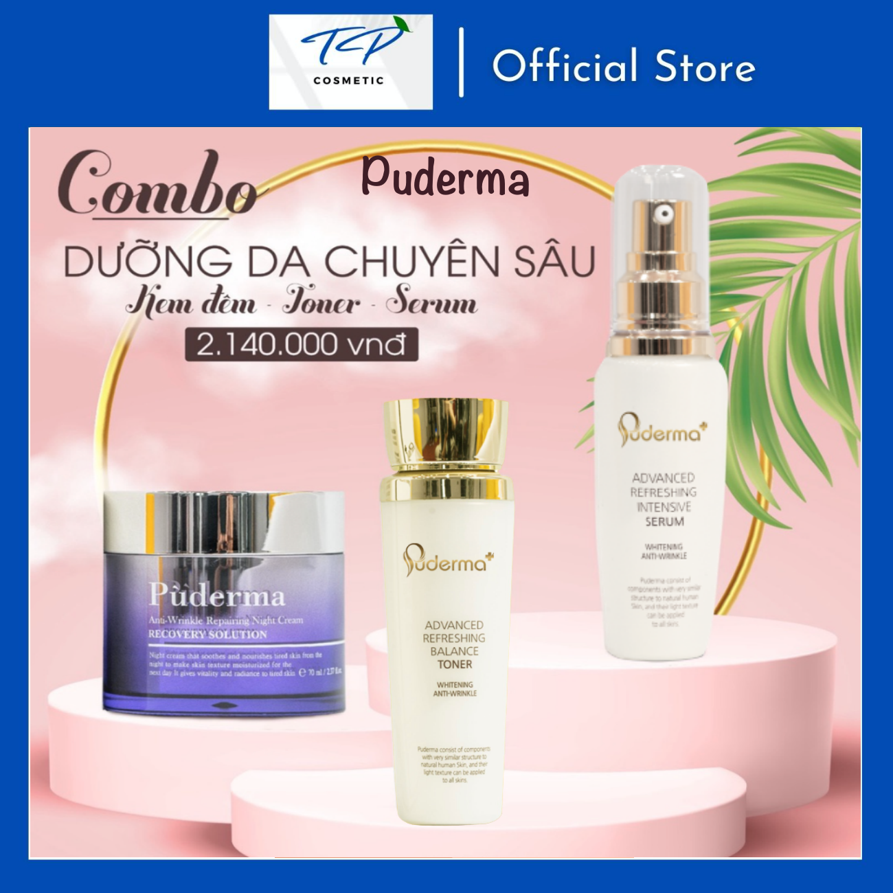 Combo dưỡng da chuyên sâu: Toner Puderma 130ml, Serum Puderma 60ml và Kem đêm Puderma 50 ml giúp dưỡng ẩm