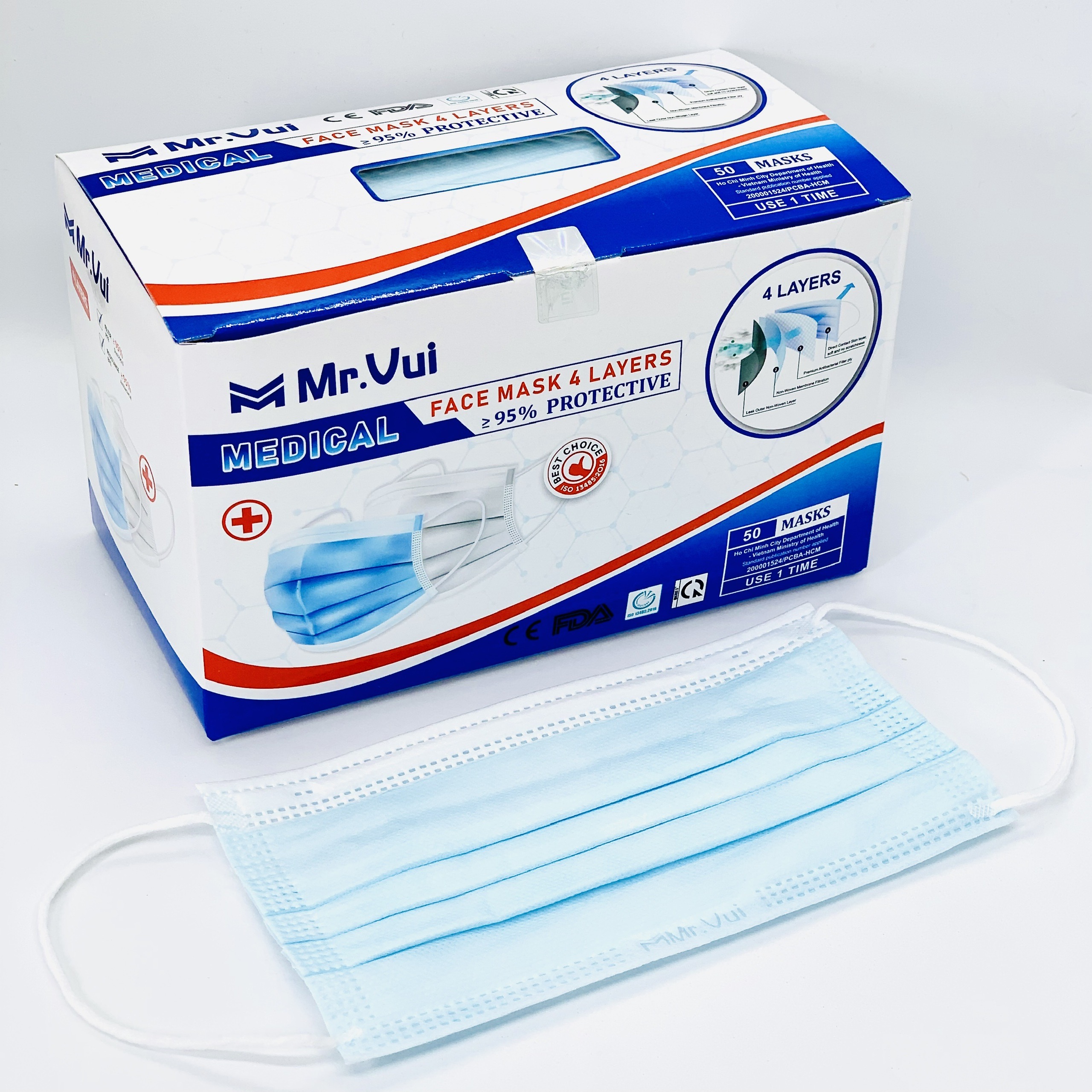 KHẨU TRANG Y TẾ 4 LỚP Mr.VUI - VẢI KHÔNG DỆT KHÁNG KHUẨN – HỘP 50 CÁI - MÀU XANH