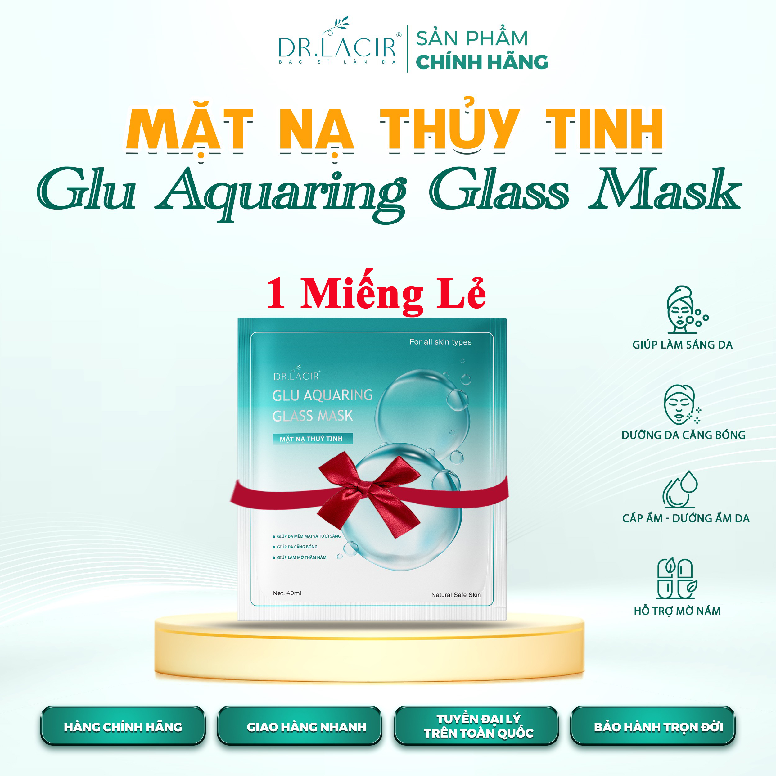 Mặt Nạ Thuỷ Tinh Glutathione Dr Lacir - Glu Aquaring Glass Mask: Dưỡng Ẩm Da, Làm Sáng Da, Giảm Vết Thâm Nám (miếng lẻ)