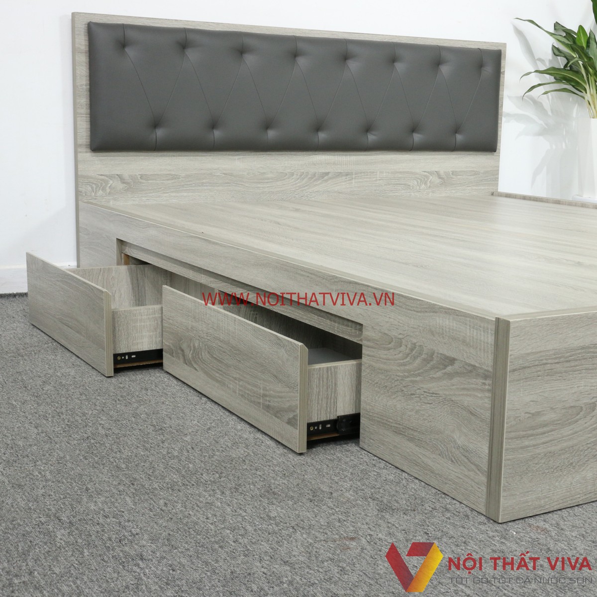 Giường Ngủ Gỗ MDF Melamine Màu Xám Vân Gỗ Có Hộc Kéo + Đầu Nệm Xanh Đen Đẹp Hiện Đại