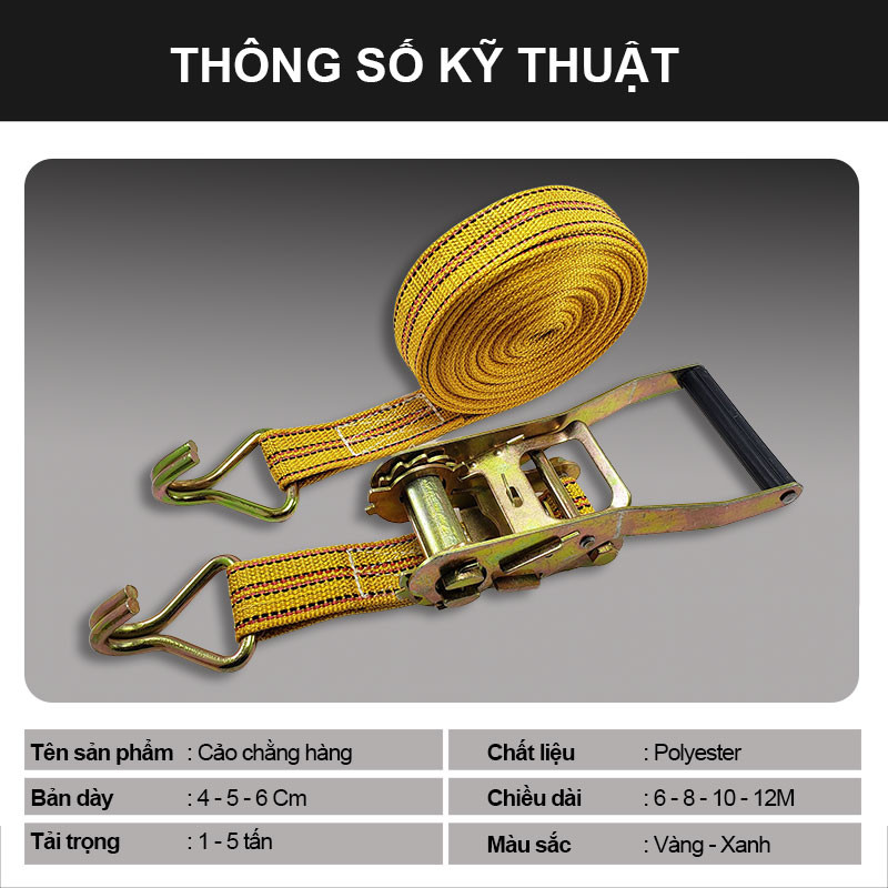 Dây chằng hàng, buộc hàng tăng đơ có móc, bản 4-5-6 cm chiều dài 6-8-10-12m - NIKITA - TẢI 1-5 TẤN- 2 MÀU XANH-VÀNG GIAO MÀU NGẪU NHIÊN