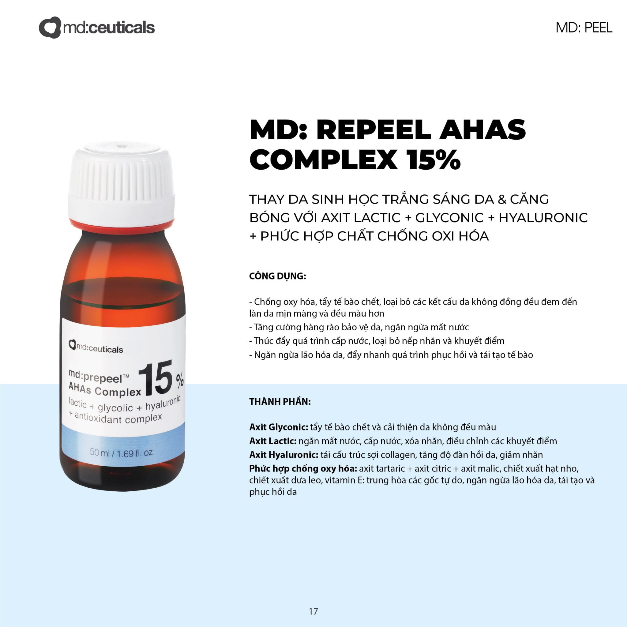 Thay da sinh học trắng sáng da &amp;amp; căng bóng da Md:prepeel Beta&amp;amp;AHAs Complex 15% (50ml)
