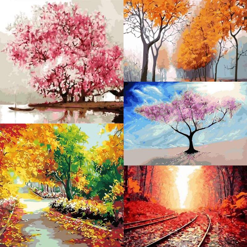 Tranh tô màu theo số Tranh sơn dầu số hoá hình cây lá size 40*50 kèm khung