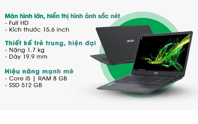 Laptop Acer Aspire A315-56-58EG (NX.HS5SV.00J) Black/ Intel i5 1035G1 (up to 3.6GHz, 6MB)/ RAM 4GB/ 256GB SSD/ 15.6inch FHD/ Win 11- Hàng chính hãng