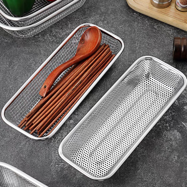 Rổ Inox Chữ Nhật Đựng Muỗng Đũa Ráo Nước Không Rỉ Sang Trọng Hạn Chế Diện Tích Gọn Gàng Tiện Lợi
