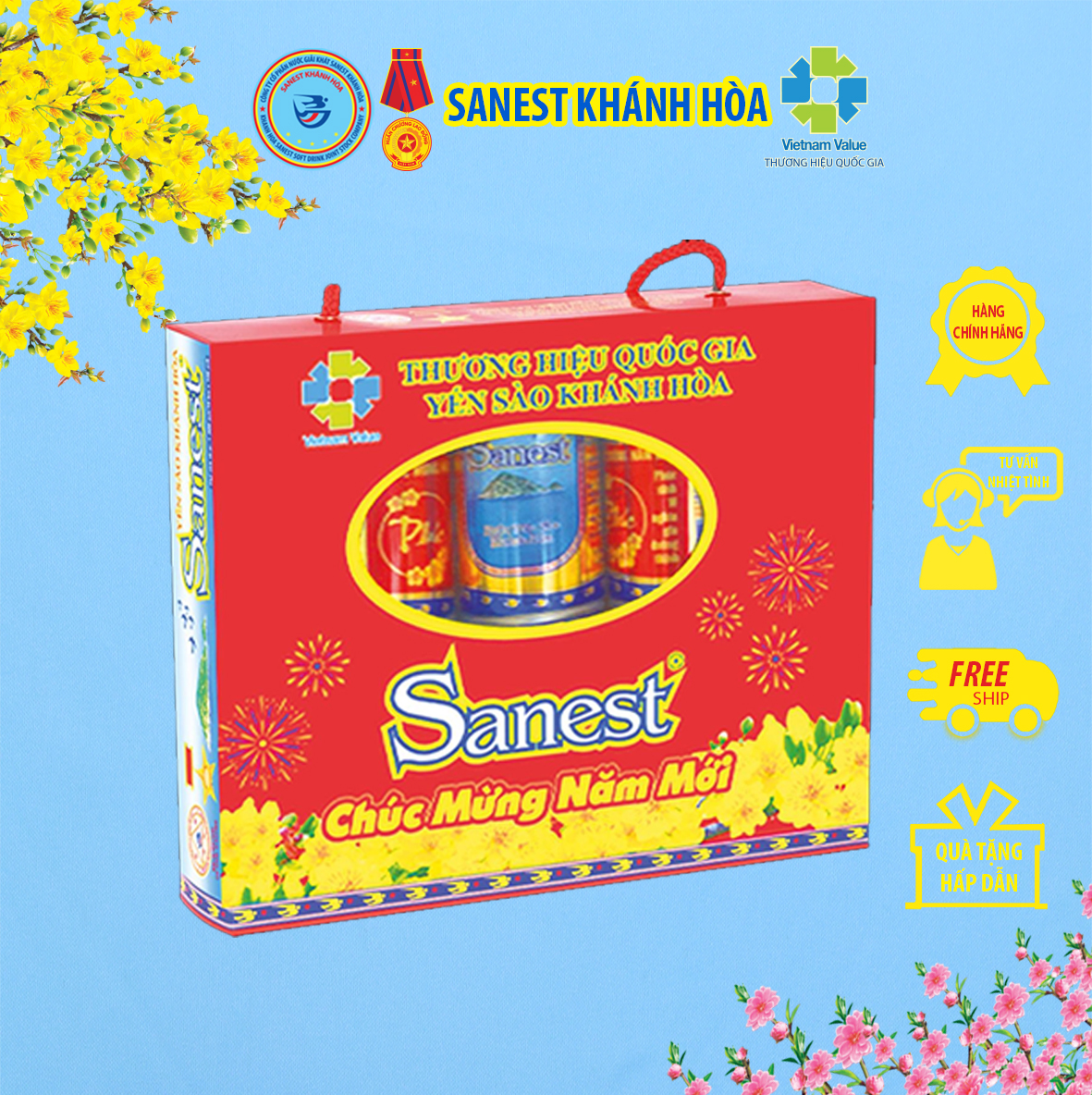 Hộp 10 lon Nước Yến sào Khánh Hòa Sanest Xuân có đường - Đóng lon 190ml