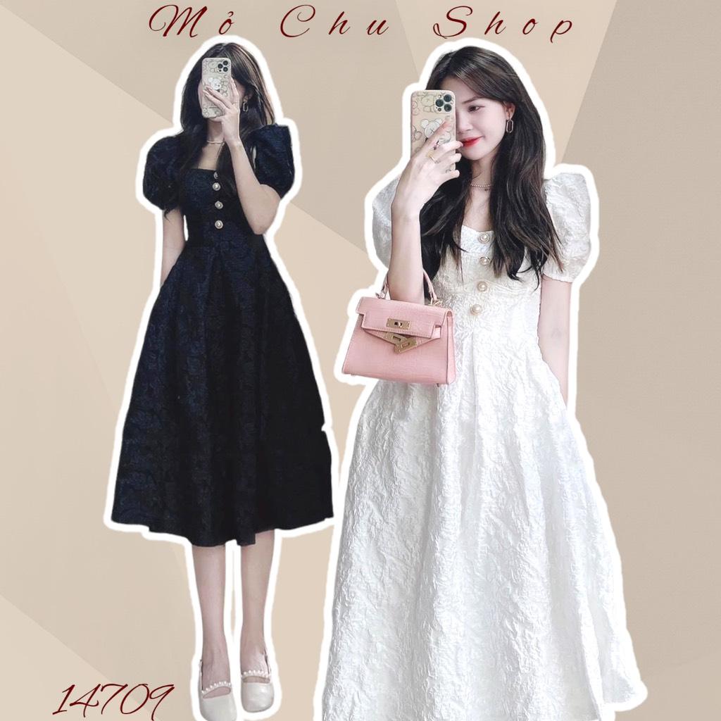 ĐẦM XOÈ GẤM TAY BỒNG DÁNG DÀI ĐÍNH NÚT