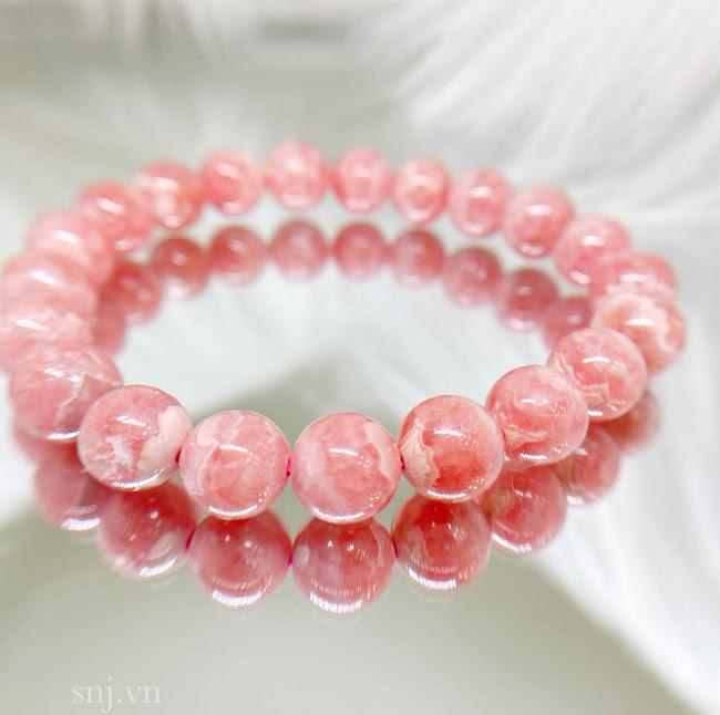 Lắc tay phong thuỷ đá đào hoa rhodochrosite thiên nhiên size 9ly giấy kiểm định SJC