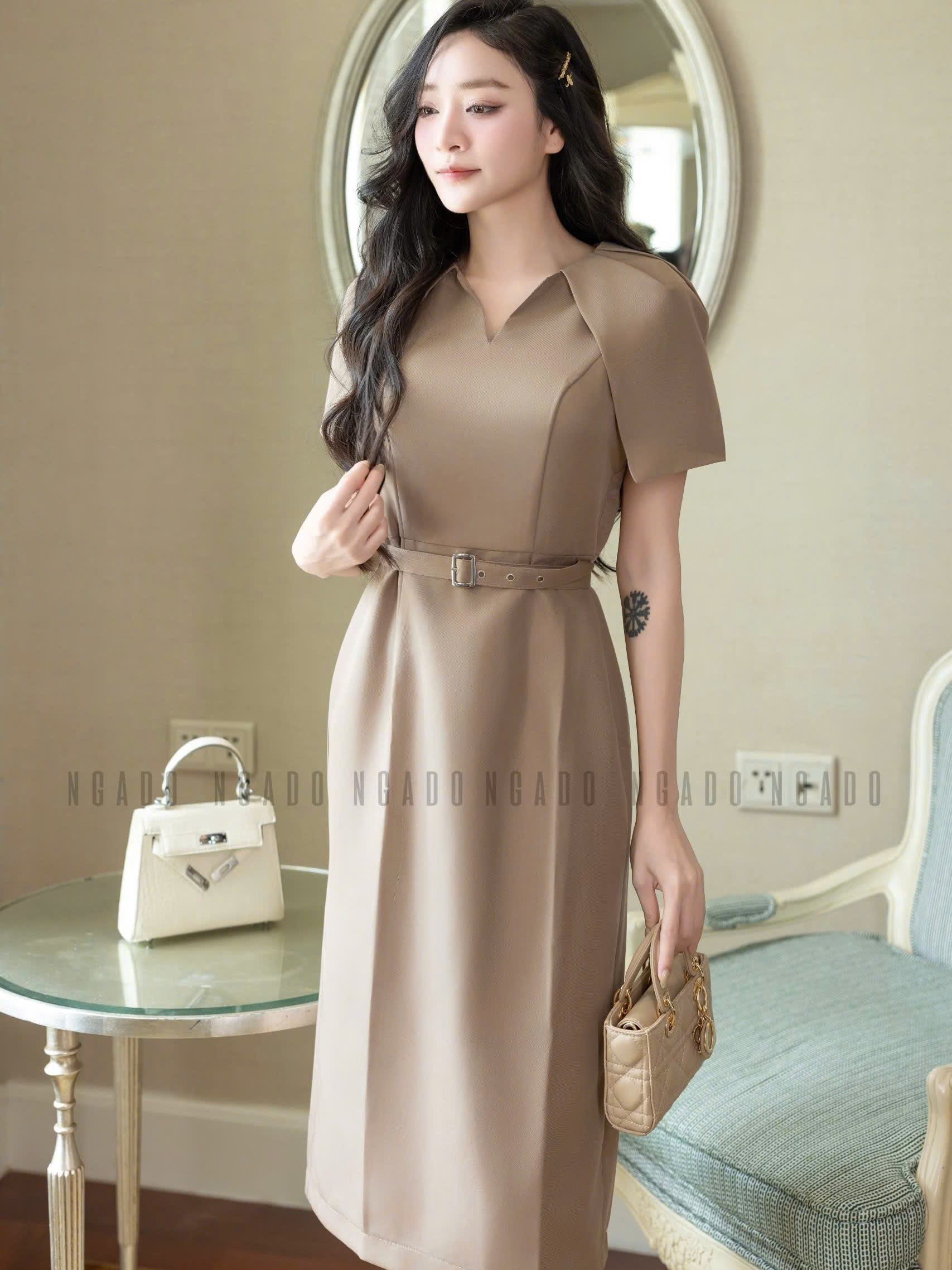 Đầm nâu tay xếp ly NGADO , đầm công sở , đầm dự tiệc