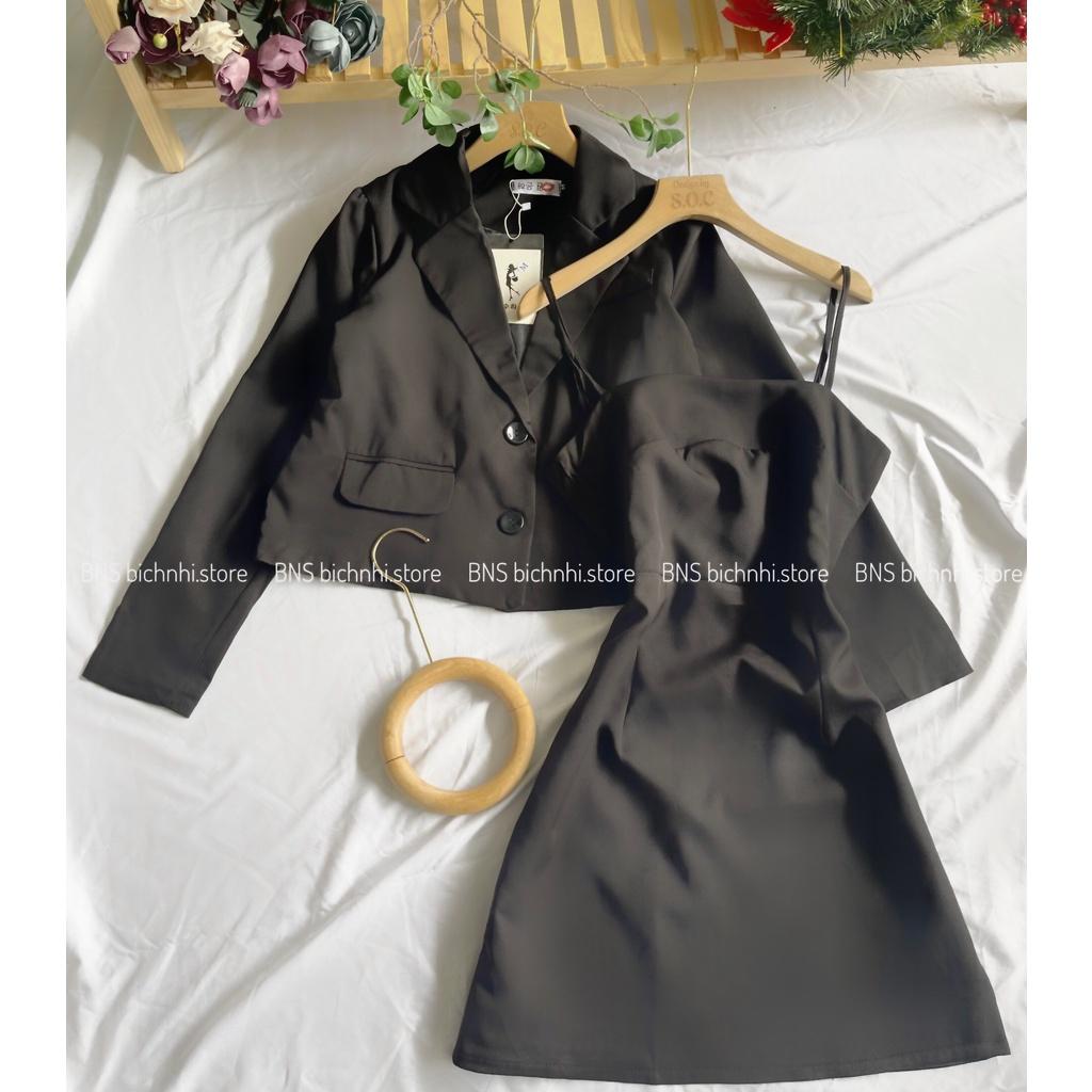 SET ĐẦM 2 DÂY &amp; BLAZER NGẮN - Cami Dress &amp; Lapel Collar Button Front Crop Blazer SET - BY BNS LOVIE SET BNS004Đ