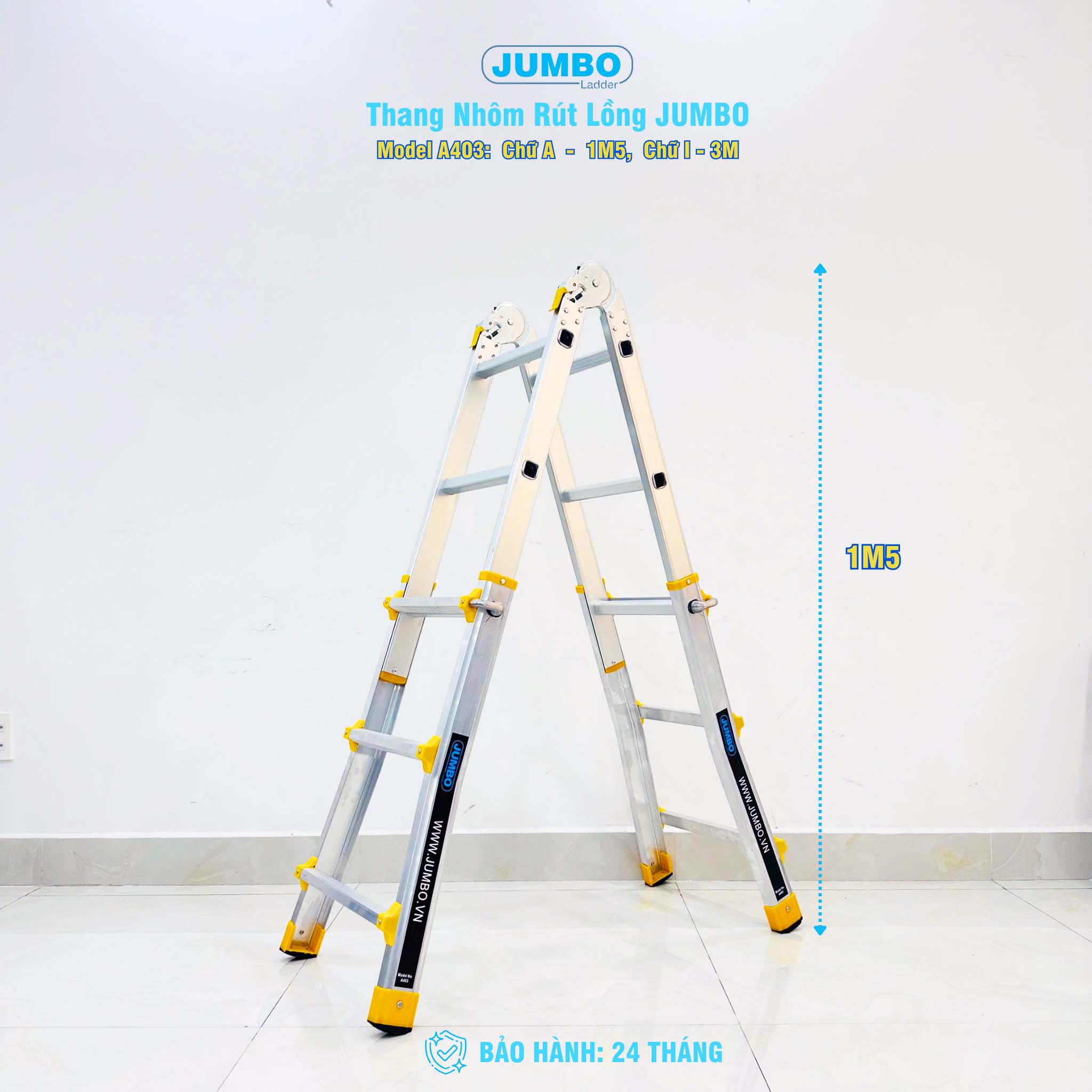 Thang nhôm trượt đa năng JUMBO A403 - Chữ A cao nhất 1.4m, chữ I cao nhất 3.0m, tải trọng 300kg