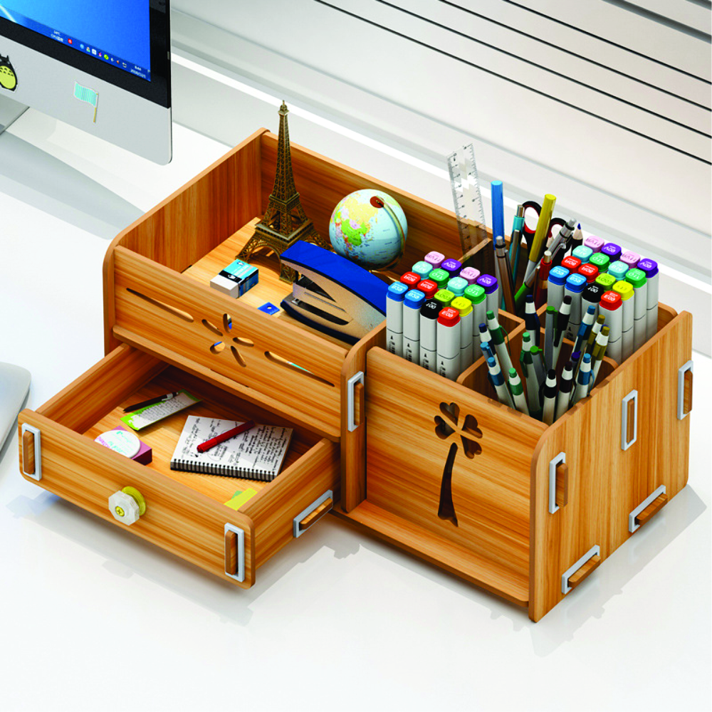 Hộp bút để bàn, hồ sơ dụng cụ văn phòng để bàn làm việc đa năng bằng gỗ HV08