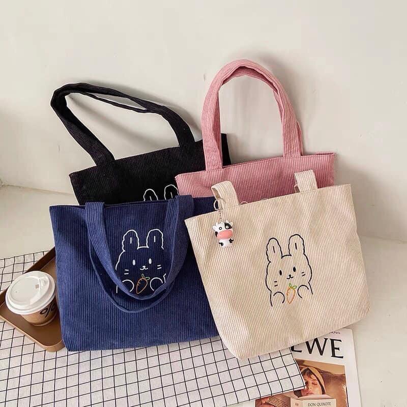 M376 Túi tote len gân chất liệu nhung gân + tặng kèm con bò sữa