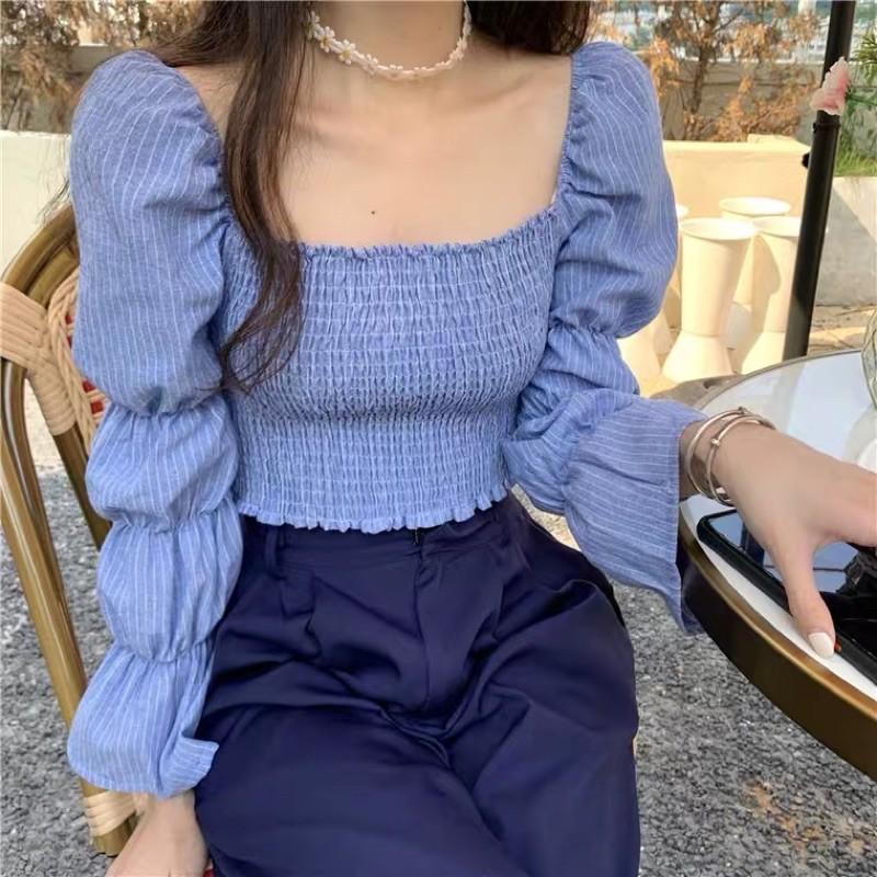 Áo croptop nhún tay dài kẻ sọc summer 2021