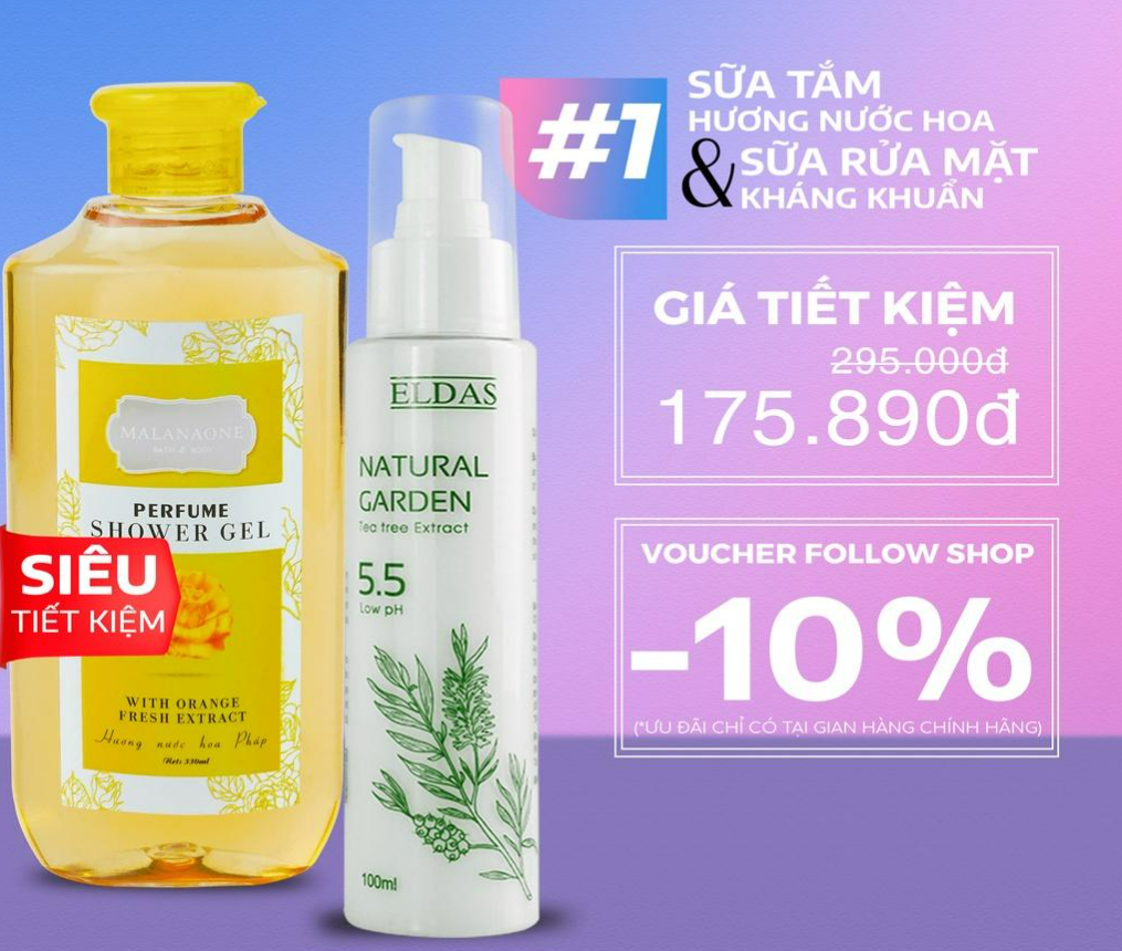 BỘ QUÀ TẶNG SỮA TẮM THƠM LÂU HƯƠNG NƯỚC HOA MALANAONE 330ML VÀ SỮA RỬA MẶT DỊU NHẸ CHIẾT XUẤT TRÀM TRÀ ELDAS 120ML