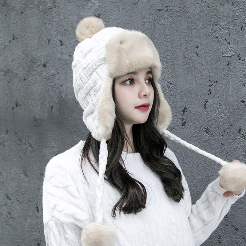 Phụ Nữ Người Đánh Bẫy Nón Mùa Đông Ấm Giả Cáo Lông Máy Bay Ném Bom Nón Beanies Nga Ushanka Len Đan Pom Pom Earflaps Aviator Mũ Lưỡi Trai