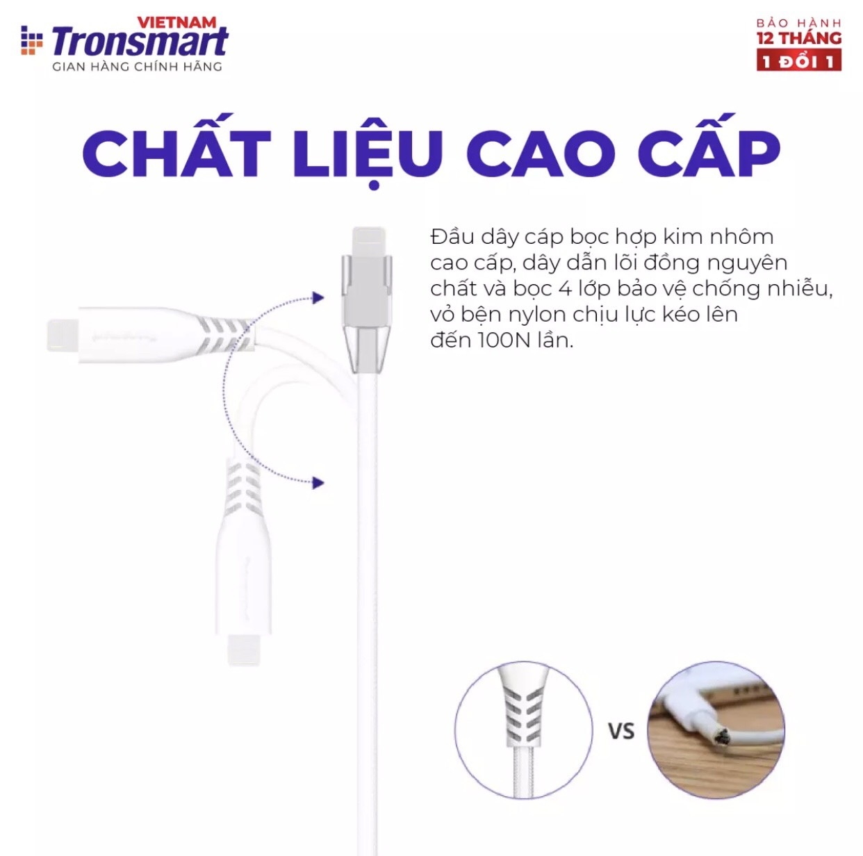 Cáp Sạc Tronsmart USB-C sang Lingtning Bện Nylon Siêu Bền, Hỗ Trợ Sạc Nhanh Power Delivery Cho Các Thiết Bị IOS, Trang Bị Chip Sạc Thông Minh Chống Quá Tải, Quá Áp, Dài 1.2m - Hàng Chính Hãng