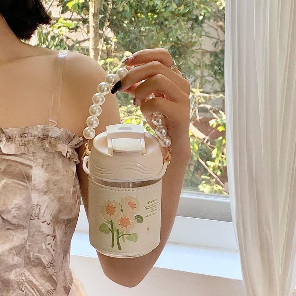 Bình thủy tinh quai hạt ngọc hình hoa tulip có ống hút 400ml