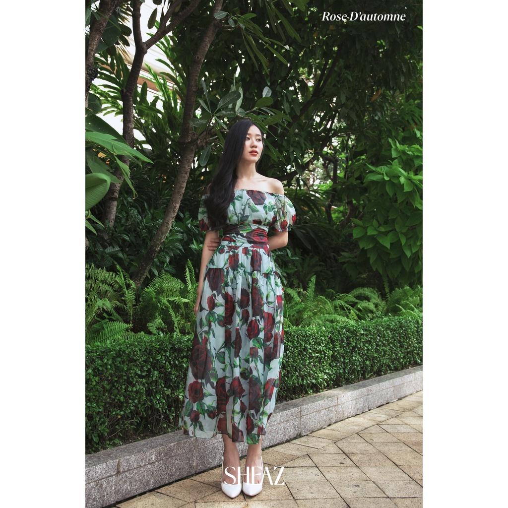 SHEAZ Set đầm xanh voan cao cấp, in hoa hồng, phong cách Hàn Quốc, đầm trễ vai, áo trễ vai, đầm dài