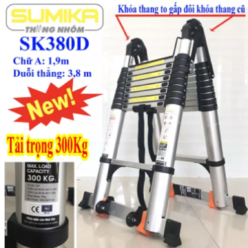 Thang Nhôm Rút Chữ A Sumika SK380D - Chữ A cao 1.9m, chữ I cao 3.8m, tải trọng 300kg - Luôn Có Phụ kiện Thay Thế