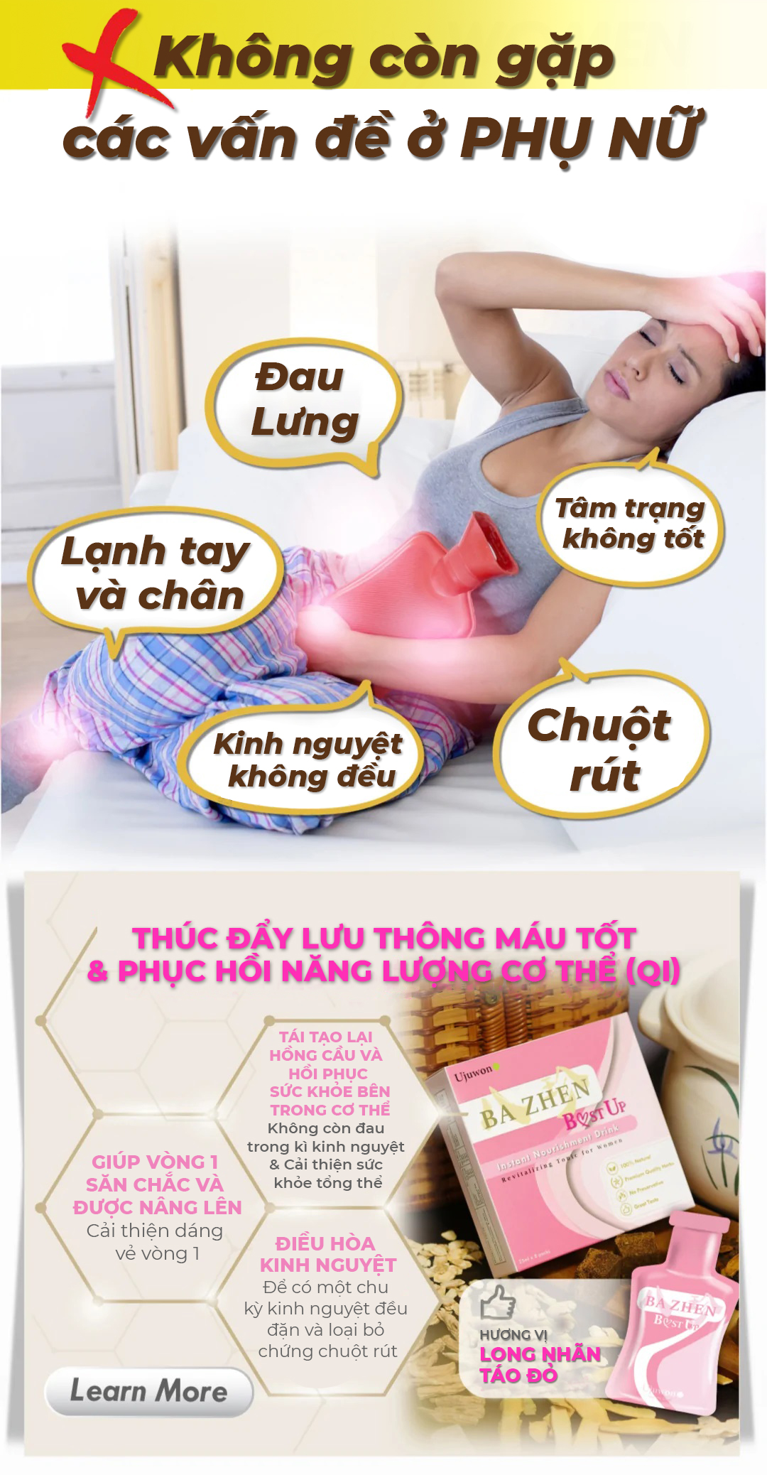 Combo 2 Hộp Nước Uống Thảo Mộc Đài Loan Hỗ Trợ Giảm Đau Bụng Mùa Dâu Rụng, Detox, Dáng Thon, Tăng Kích Cỡ Vòng 1 Ba Zhen Ujuwon