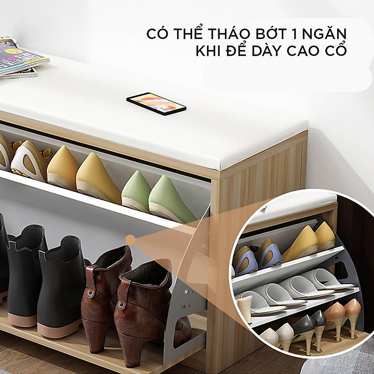Tủ Giày Gỗ 100cm MDF Phủ Melamine Chống Ẩm Cánh Lật Siêu Gọn 3 Ngăn Kèm Ghế Đệm Da